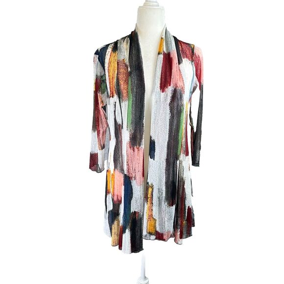 Ali Miles Black Red Geometric Artsy Abstract Shawl Neckline Cardigan Sheer Sz. S - Picture 3 of 14
